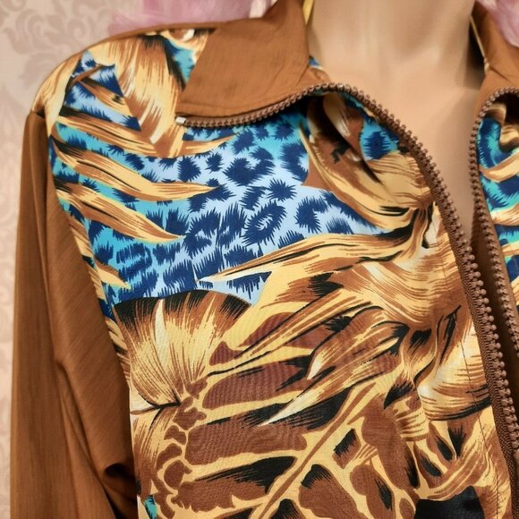 Vintage 80s Womens Bomber Jacket Blue Leopard Print Brown Palm Leaves Size S M - Picture 3 of 11